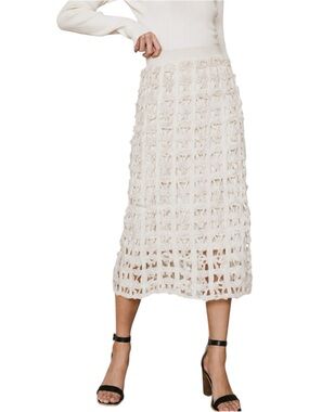 Böhme Open Cage Knit Skirt XS Ivory Cream Crochet Boho Midi Elastic Waist